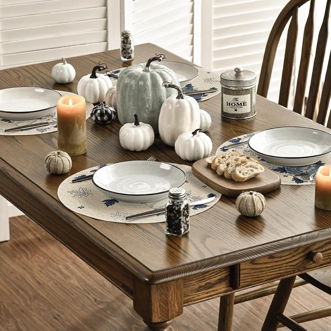 Artoid Mode Navy Blue Pumpkins Round Fall Placemats Set of 4-14 Inch | Heat-Resistant, Washable Table Mats, Seasonal Autumn Kitchen Dining Decor