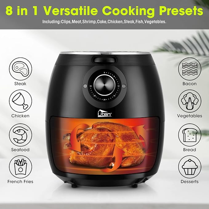Air Fryer 5.8QT/5.5L, Uten 1700W AirFryer High-Power Electric Hot Temperature Control & Timer Knob, Non Stick Fry Basket, Dishwasher Safe, Apply to Party, Afternoon Tea, Black | Large Capacity 5.5L, 30 Minute Timer, Roast, Bake, Reheat, Nonstick & Dish...