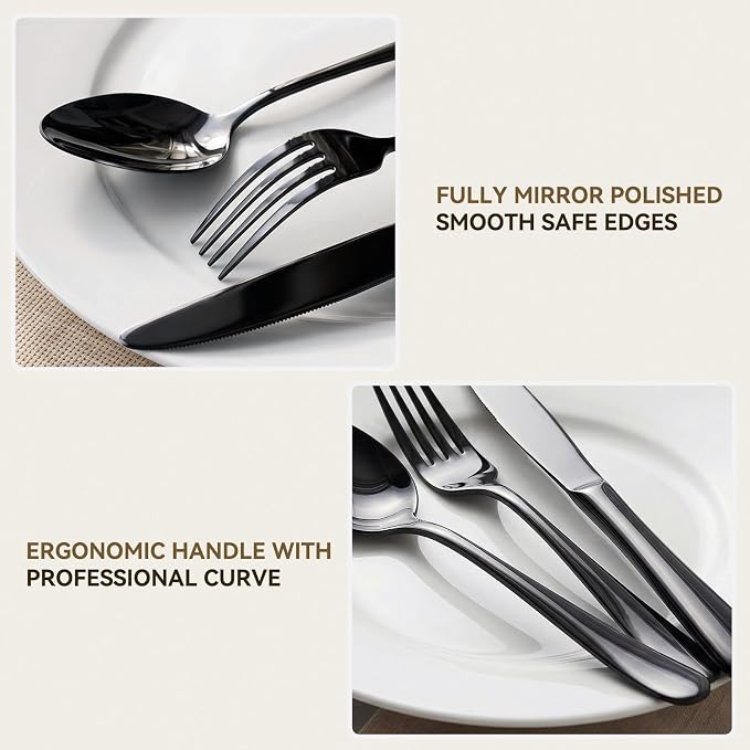 72 PCS NO-FADING Black Silverware Set with Steak Knives - KIKCOIN Food-Grade Stainless Steel Flatware Set for 12 - Mirror Polished Cutlery Set, Titanium Black Finish, Rust Resistant & Dishwasher Safe