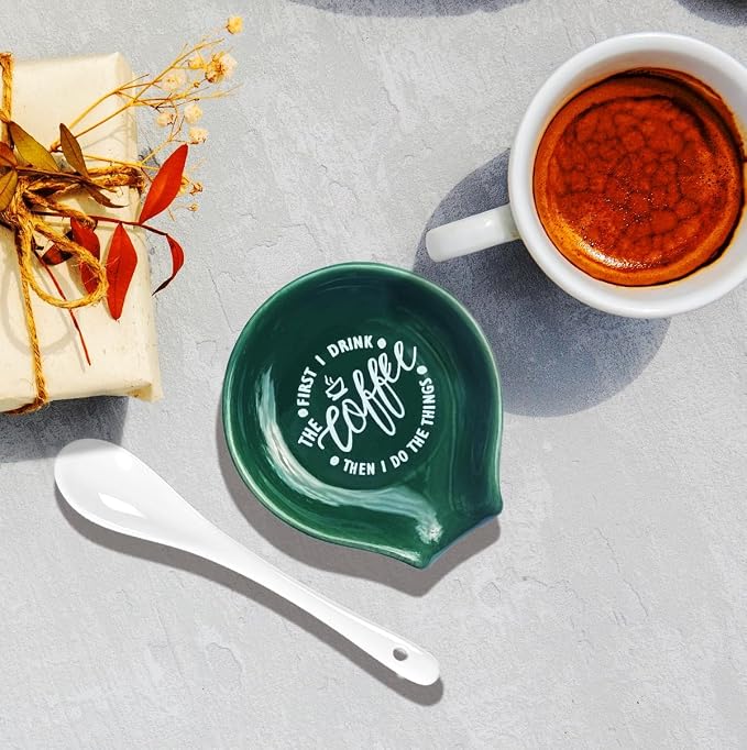 Littlefa Coffee Spoon Rest Holder-Coffee Bar Accessories-Blackish Green | Funny Ceramic Coffee Spoon Rest for Coffee Bar Accessories Essentials, Coffee Lovers Gifts, But First I Drink Sign