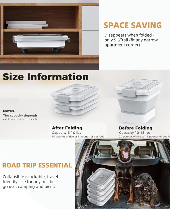 10-13Lbs Airtight Dog Food Storage Container,Collapsible Dog Food Container | Clear Pet Food Storage Container with Double Airtight Seal for Freshness,Cat Food Container One-handed Open,Save Space,Scoop