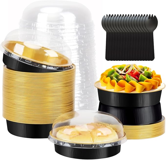 LNYZQUS 8oz Mini Pie Tins with Lids 50 Pack, 4 Inch Individual Cake Pans | Foil Disposable, Small Cake Tins, Mini Pie Containers, for Bake Sale Baking and Packaging, Round Black