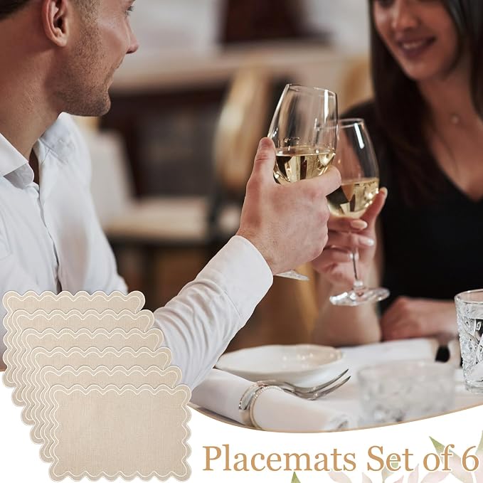 HunnmingRe Beige with Creamy White Set of 6 Cotton Linen Wedding Placemats, 13x19 Inch Scalloped Wavy Embroidery Placemat Double Layered Washable Rustic Rectangle Dinner Table Mat for Home Decor
