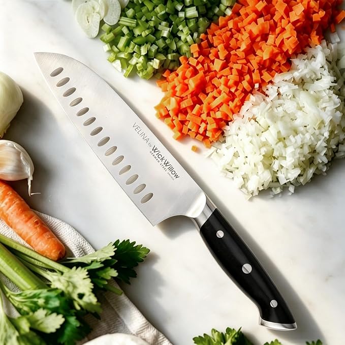 WICKWILLOW 7” Santoku Knife – Sharp Forged German Steel Kitchen Knife | Hollow Edge prevents sticking – smooth, precise cuts with balanced comfort for daily prep. Gift-Ready.