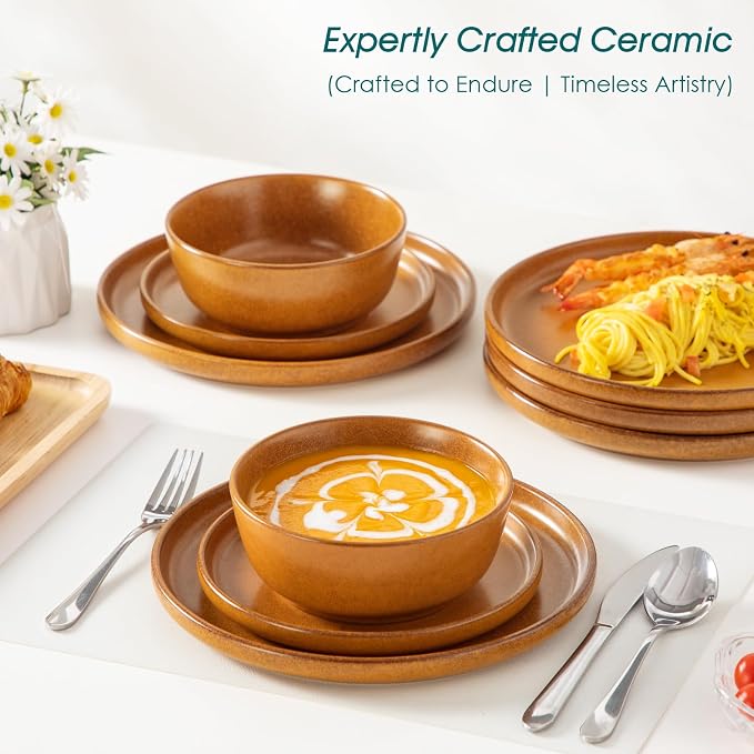 vancasso ZERMATT 18 Pieces Stoneware Dinnerware, Plates and Bowls Set for 6 | Dinnerware Set for 6 in Caramel Yellow Reactive Glaze Stoneware, Plates and Bowls, Microwave and Dishwasher Safe