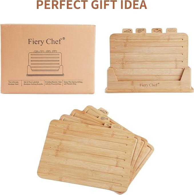 4 Piece Bamboo Cutting Boards with Food Icons & Stand, 12.6"L x 9"W | Thick & Durable, Deep Juice Groove, Non Toxic Real Wood, knife-friendly, Chopping Boards Set of 4 with Sturdy Holder