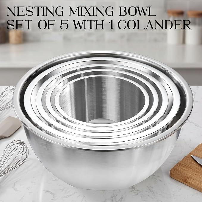 DUTZUN Stainless Steel Mixing Bowls with Colander | 5 Mixing Bowl with 1 Strainer for Kitchen, Salad, Prep, Serving, Food Storage & Cooking