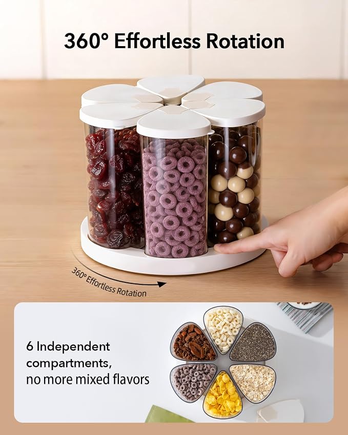 Rotating Food Storage Containers Set of 6, 23oz (690ml) Clear PET Jars with Dual Pour Lids, 360° Lazy Susan Pantry Organizer for Snacks, Cereal, Nuts, Oats & Dry Foods, Kitchen Grain Dispenser