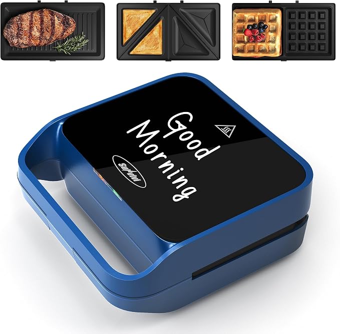 3 in 1 Electric Sandwich Maker with Removable Nonstick Plates - 850W,Blue | for Belgian Waffle/Panini/Grill/Pancake Griddle/Breakfast,Dishwasher Safe,Cool Touch Handle,Easy to Clean & Store