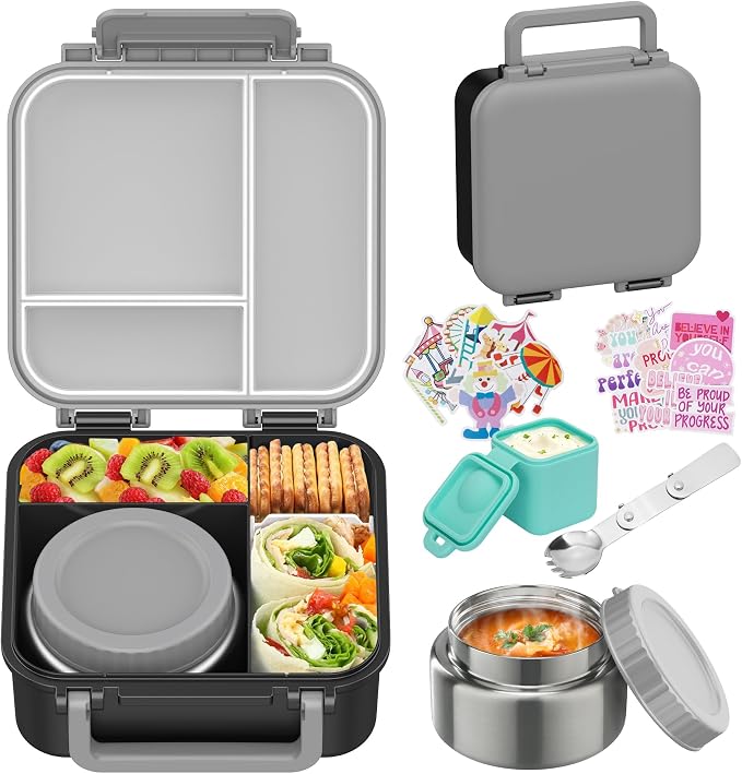 Bento Box for Kids with Food Thermo,Leak-proof Lunch Container | 4 Compartment Kids Lunch Box,9oz Insulated Hot Food Jar,Built-in Utensil for Boys Girls Toddler to School Travel-Black Gray