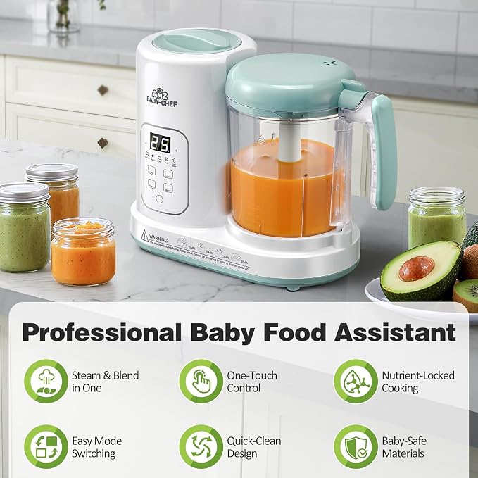 Baby Food Maker Pro Steamer Blender: 4 in 1 Auto Steam Blend and Puree Maker with Self-Clean for Healthy Baby and Toddler Meal Prep - BPA-Free White+Green
