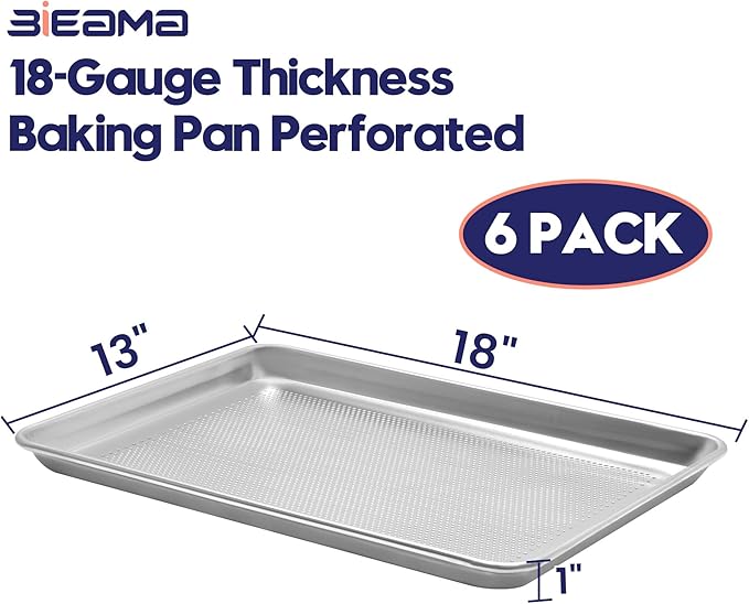 BIEAMA 6 Pack Perforated Half Size 18" x 13" Baking Sheet Pan | Aluminum Commercial Bakery Equipment Cookie Sheets, NSF Approved Baking Tray