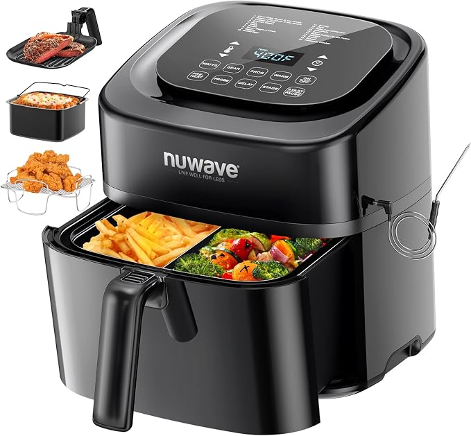 Nuwave Brio 10-in-1 Air Fryer, 6 QT Capacity with Smart Probe | Roast Grill Bake for Fast Meals, One-Touch Digital Controls, Powerful 1800W Fryer, 100 Recipes, Removable Divider, Grill Pan