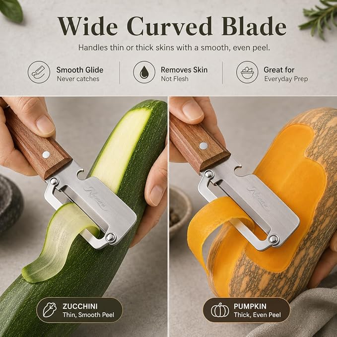 3-in-1 Vegetable Peeler with Bottle Opener, Wooden Handle | Peels, slices, and shreds fruits and vegetables with a stainless steel blade, wooden handle, and built-in bottle opener