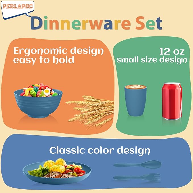 Wheat Straw Dinnerware Sets for 4, Reusable Plastic Dinner Plates, Unbreakable Kids Plates and Bowls Sets 20 PCS, Dishwasher & Microwave Safe Kitchen Camping Dorm Dish Sets- Blue