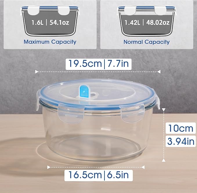 NUTRIUPS 54OZ/1600ml Glass Meal Prep Containers with Lids, Food Storage Containers, Round Airtight Food Storage Container