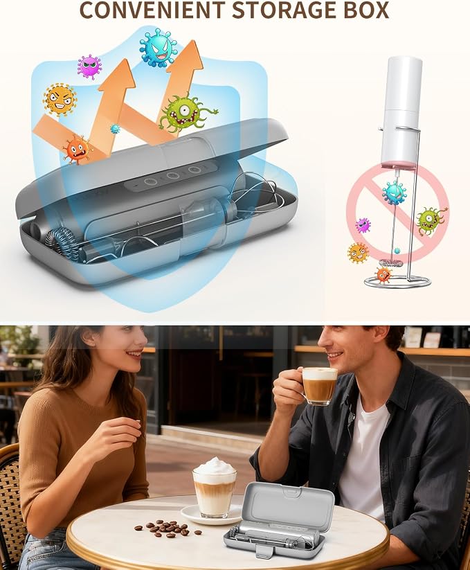 CIRCLE JOY Rechargeable Handheld Milk Frother Wand with Stand, 3 Variable Speeds, 3 Whisks and Storage Box, Electric Drink Mixer for Latte, Cappuccino, Hot Chocolate, Eggs and Protein Powder, Silver