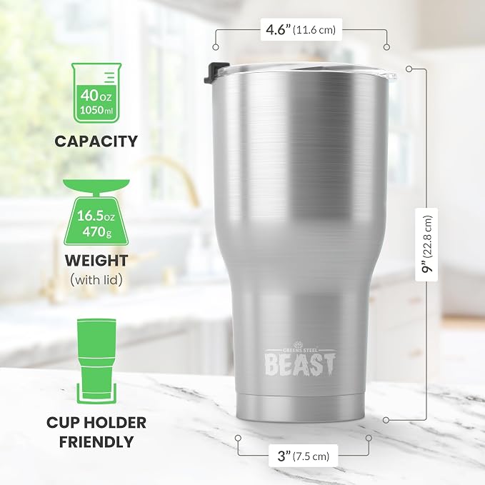 Beast 40 oz Tumbler Stainless Steel Vacuum Insulated Coffee Ice Cup Double Wall Travel Flask (Stainless Steel)