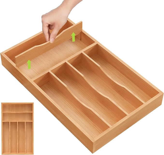 Unibambou Bamboo Kitchen Silverware Organizer with Removable Divider | 5/6 slots flexible, Medium kitchen drawer cutlery organizer, Utensil holder, Flatware organizer tray, 9.8"W x 15.9"D x 1.6"H