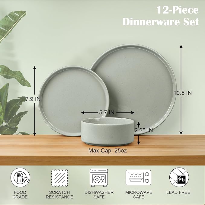 E-far Stoneware Dinnerware Sets, 12-Piece Plates and Bowls Set for 4, Green | Kitchen Modern Dishes Dining Ware, Chip and Scratch Resistant, Microwave & Dishwasher Safe, Speckled Green