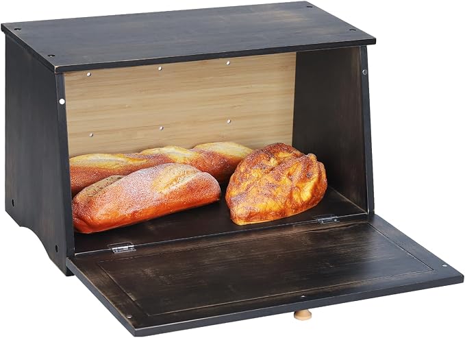 HOMEKOKO Vintage Wood Bread Box for Kitchen Counter,Retro Storage Bin,Black | Retro Farmhouse Style, Holds 2 Loaves, Breathable Design Keeps Bread Fresh For 3–4 Days, Suitable For Rustic/Vintage Kitchen