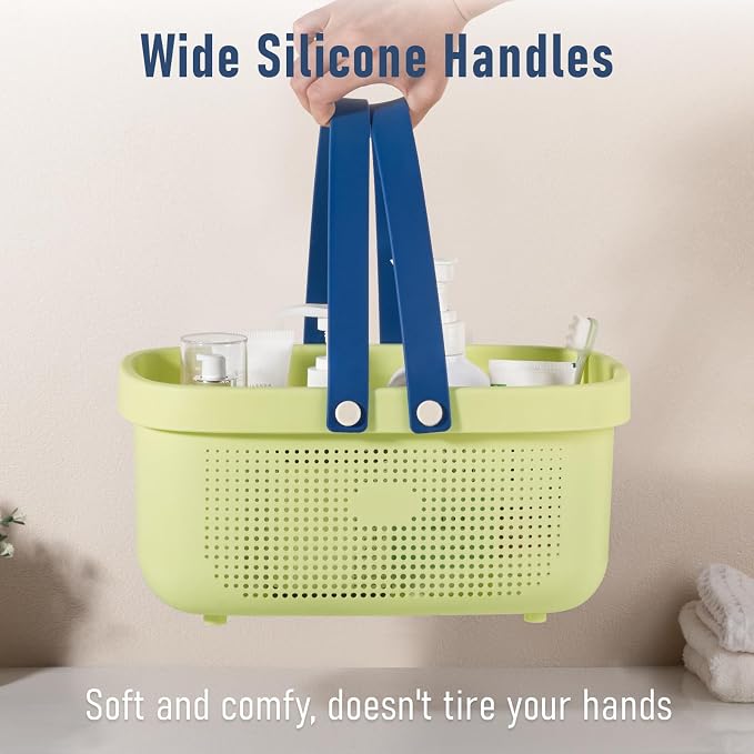 Portable Shower Caddy Basket with Handles Plastic Storage Basket ‌Yellow | Sturdy Drainage Large Capacity Organizer Basket with Silicone Handles for Bathroom Kitchen Bedroom College Dorm Essentials