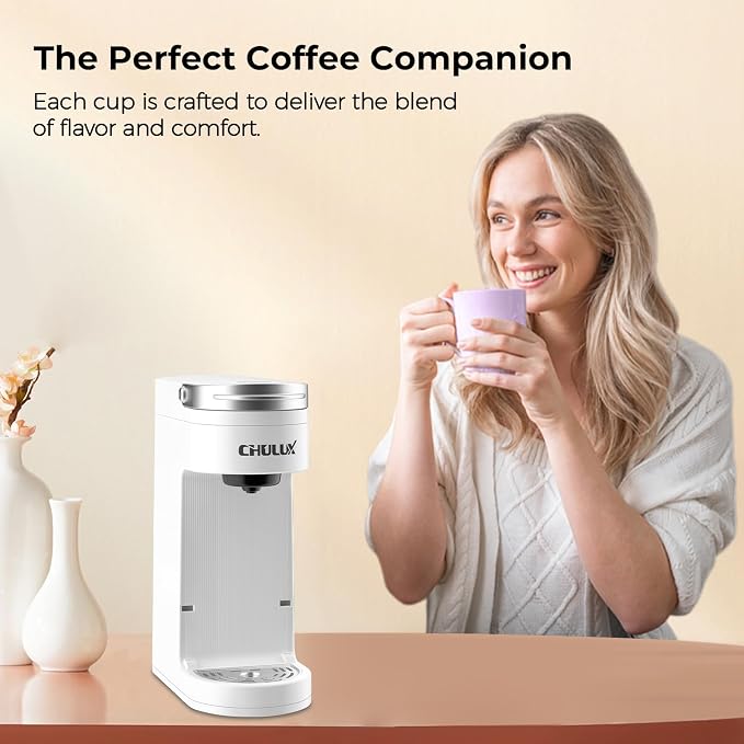 CHULUX Slim Single Serve Coffee Maker for K Pod, Brew Up to 12oz Cup, White | Fast-Heating Boiler Tech, 4-Hole Needle for Richer Flavor, Adjustable Drip Tray for 7.3" Travel Mug, Portable Compact Design