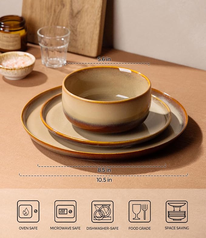 Ceramic Dinnerware Set for 4, 12-Piece Plates and Bowls Set | Handmade Reactive Glaze Dish Set, Scratch Resistant, Oven & Microwave & Dishwasher Safe, Creamy Amber