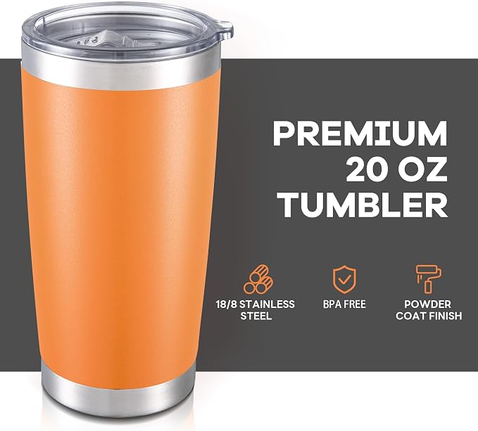 20 oz Tumbler with Lid Stainless Steel Insulated Tumblers Cups Travel Mug | Double Wall Vacuum, Powder Coated, Keep Drinks Cold and Hot, Waterproof Lid, Fit of Car Cup Holders, Orange