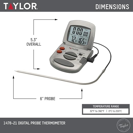 Taylor Programmable Instant-Read Wired Probe Digital Meat Thermometer, Stainless Steel for BBQ, Grill, Kitchen Cooking, Accurate Temperature Readings