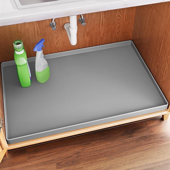 FLATO Waterproof Under Sink Mat, 31" x 19", Light Gray | Shelf Liner for Kitchen and Bathroom, Cabinet Protector, Organizers and Storage, Flexible Silicone Drip Tray