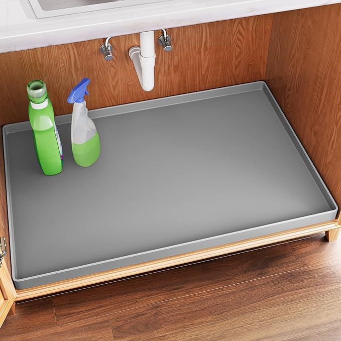 FLATO Waterproof Under Sink Mat, 34" x 22", Light Gray | Shelf Liner for Kitchen and Bathroom, Cabinet Protector, Organizers and Storage, Flexible Silicone Drip Tray