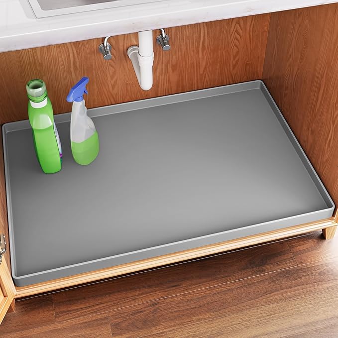 FLATO Waterproof Under Sink Mat, 40" x 19", Light Gray | Shelf Liner for Kitchen and Bathroom, Cabinet Protector, Organizers and Storage, Flexible Silicone Drip Tray