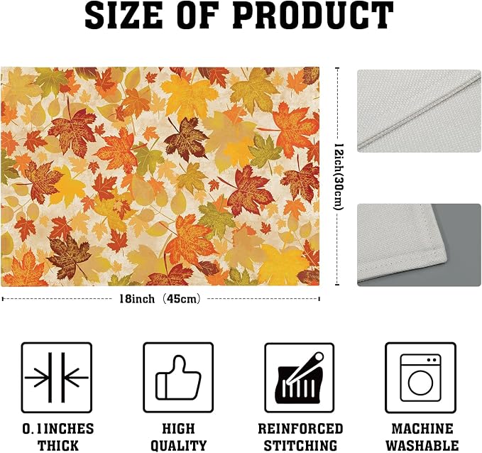 Fall Placemats Set of 4 18x12 Inch Autumn Maple Leaves Linen Place Mats Heat-Resistant Washable Wipeable Orange Season Holiday Table Mat for Party Kitchen Dining Room Dinner Table Decor