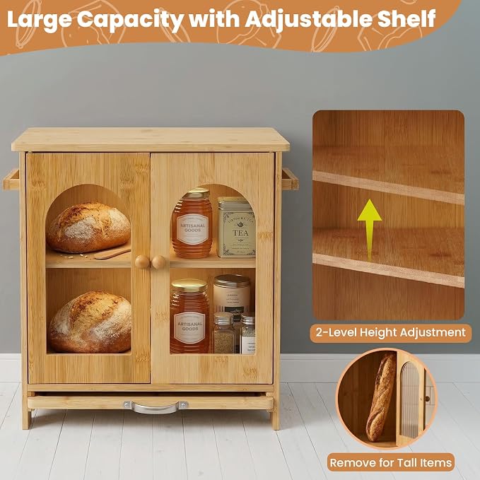 Bread Box for Kitchen Countertop: with Cutting Board Bamboo Storage Container for Homemade Bread, Two Layer Breadbox under Cabinet Mount, Large Bread Holder for Kitchen Counter, Pantry Shelf