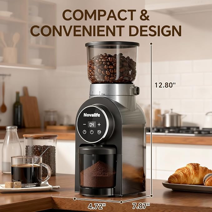 Electric Coffee Grinder, Burr Coffee Beans Grinder with 30 Grinding Settings, Burr Mill Grinder for Home Use, Touchscreen Adjustable 2-10 Cups or 40-Second Timer, Stainless Steel