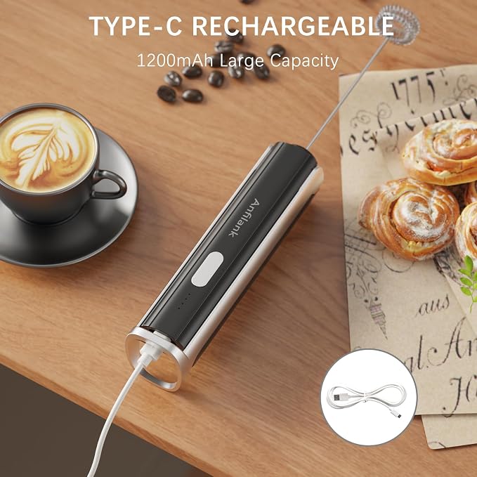 Anfilank Handheld Milk Frother Wand with Folding Stand, Rechargeable Electric Whisk with 3 Speeds & 3 Stainless Heads, Milk Foam Maker with Stand for Latte, Cappuccino, Hot Chocolate, Egg