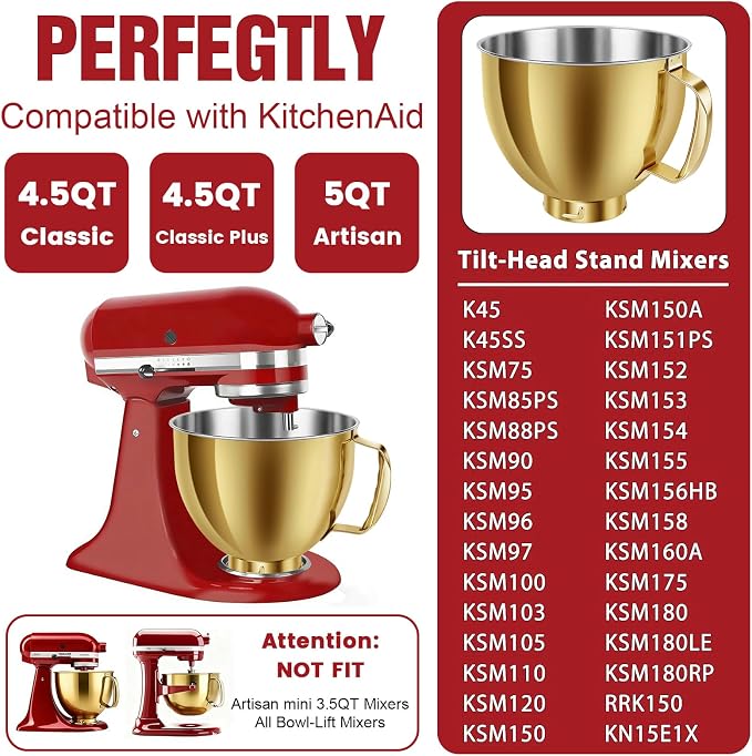 KITOART 5QT Stainless Steel Mixer Bowl with Handle for KitchenAid Gold | Mixer Bowl Compatible with KitchenAid 4.5-5 QT Artisan Tilt-Head Stand Mixers, Dishwasher Safe, Check Verified Fit Chart.