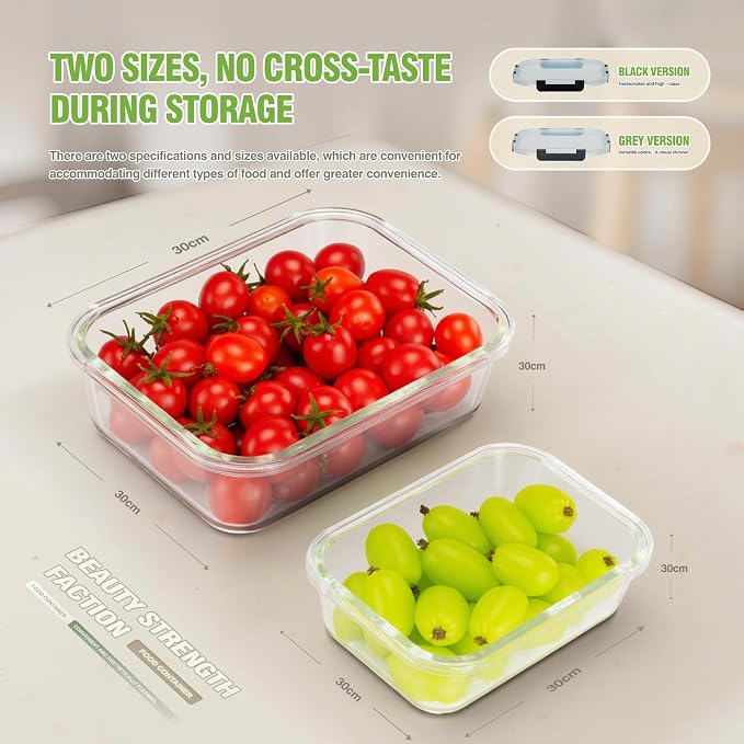 10-Pack Glass Food Storage Containers with lids, Black | Glass Food Storage Container Set with Snap Airtight Lids, Microwave Oven Freezer Dishwasher Safe, BPA-Free