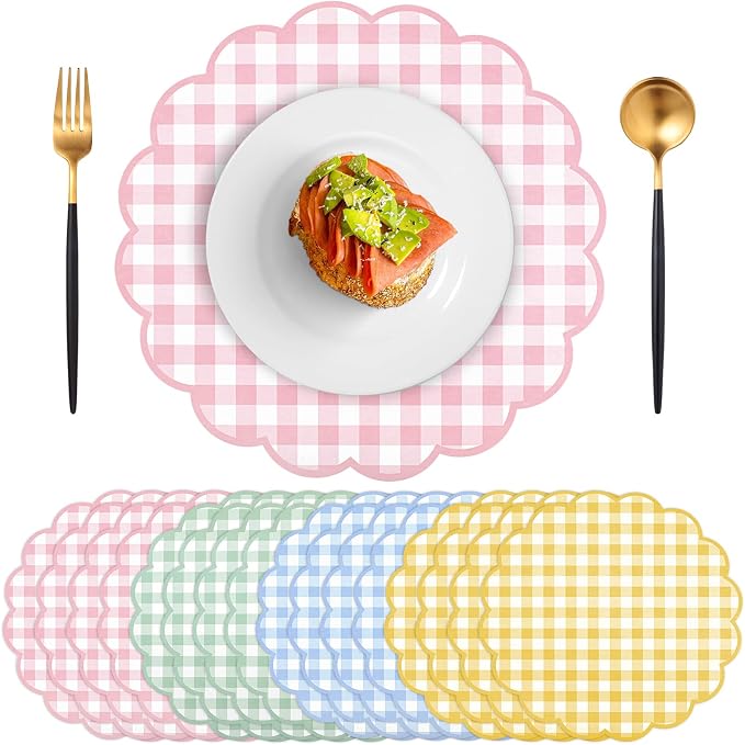 60Pcs Pastel Gingham Paper Placemats,13.5 Inch Scalloped Checkered Placemat | Disposable Tea Party Place Mats for Table Setting Baby Shower Wedding Bridal Banquet Birthday Decorations,4 Colors