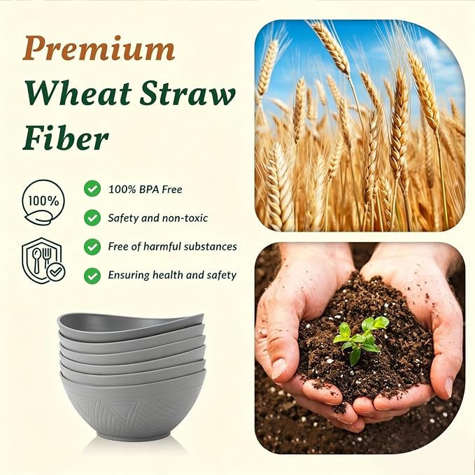 Wheat Straw Bowls, Large Salad Bowls Set of 6-60 OZ Serving Bowl for Kitchen, Camping, Party - Unbreakablke Microwave and Dishwasher Safe Big Cereal Bowl, Large Soup Bowl - Grey