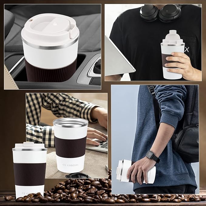 CS COSDDI 12 oz Stainless Steel Vacuum Insulated Tumbler - Coffee Travel Mug Spill Proof with Lid - coffee Cup for Keep Hot/Ice Coffee,Tea and Beer (3rd White) | Stainless Steel Double-wall insulation, 6-Hour Heat Retention, 360°Leak proof, BPA-free, R...