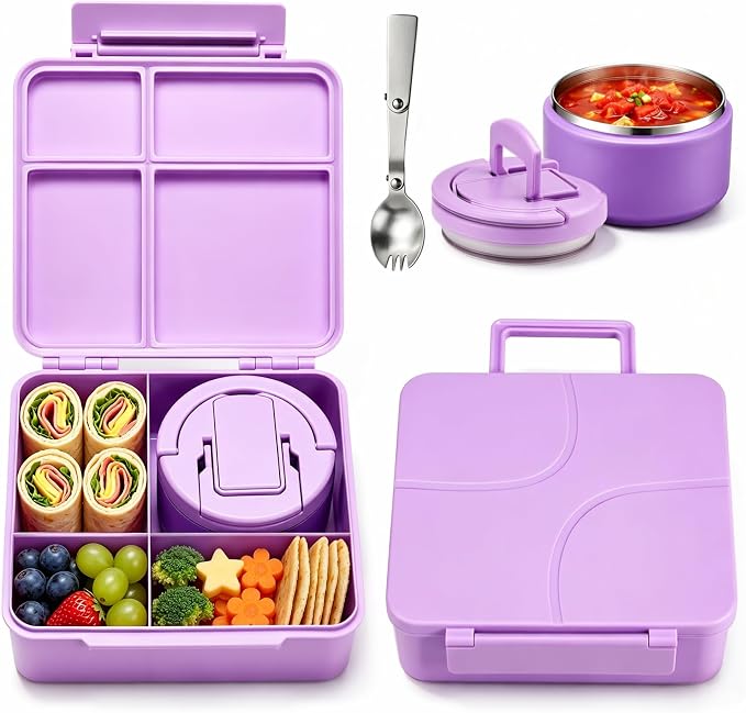 Bento Lunch Box for Kids with 8oz Soup Thermo,Kids Leakproof Lunch Food Containers with 4 Compartment,Kid Insulated Thermo Hot Food Jar for School,Trvael-Purple