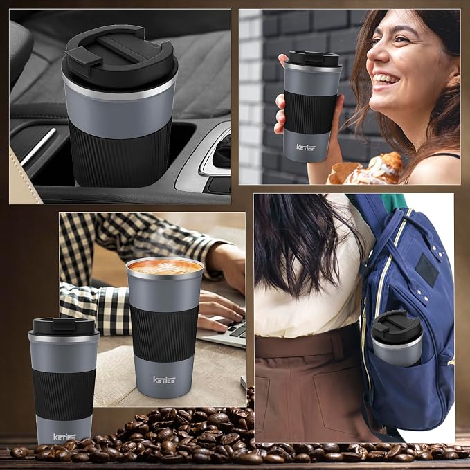 KETIEE Travel Coffee Mug Spill Proof 12oz, Insulated Reusable Coffee Cups with Seal Lid, Vacuum Stainless Steel Travel Mug to Go Car Tumbler for Hot/Iced Drinks (Grey)