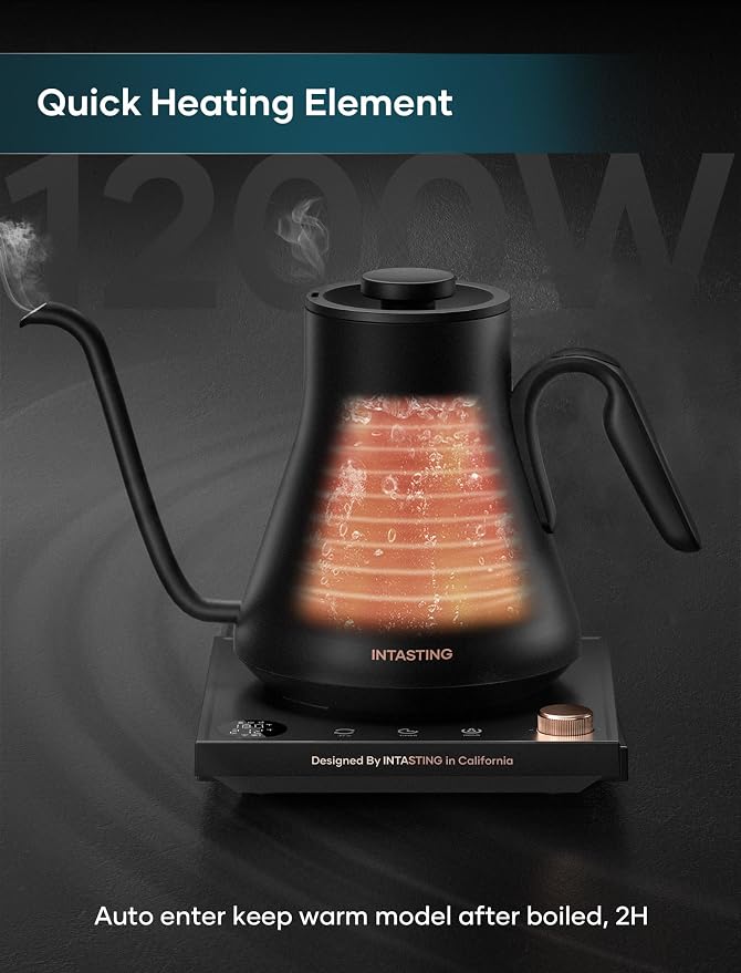 INTASTING Gooseneck Electric Kettle with 1℉ Temperature Control, 0.9 Liter | Fast Heating, Stainless Steel Interior, for Pour Over Coffee, Tea & Boiling Water, Keep Warm, Auto Shut-Off, 1200W, Black