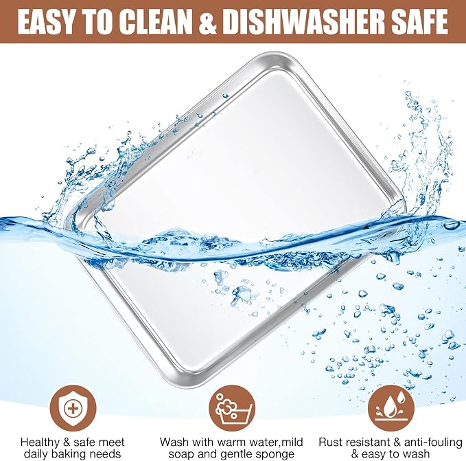 Potchen 12 Pcs Baking Sheet Pan Set Stainless Steel Cookie Sheet Small Toaster Oven Pans Tray Barbecue Grill Pan Rectangle Trays Oven Freezer Bakery, Non-stick, Easy Clean, 9 x 6.7 x 1 Inches