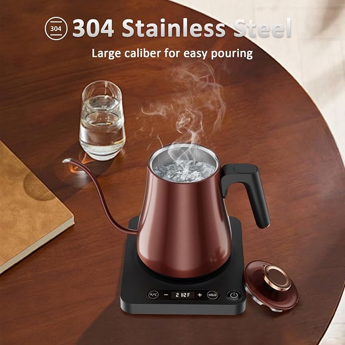 Gooseneck Electric Kettle 1.0L, 1000W, Pour Over, Vintage Copper | 104-212°F Temp Control, LED Display, Keep Warm, 304 SS, BPA-Free, For Pour Over & Tea