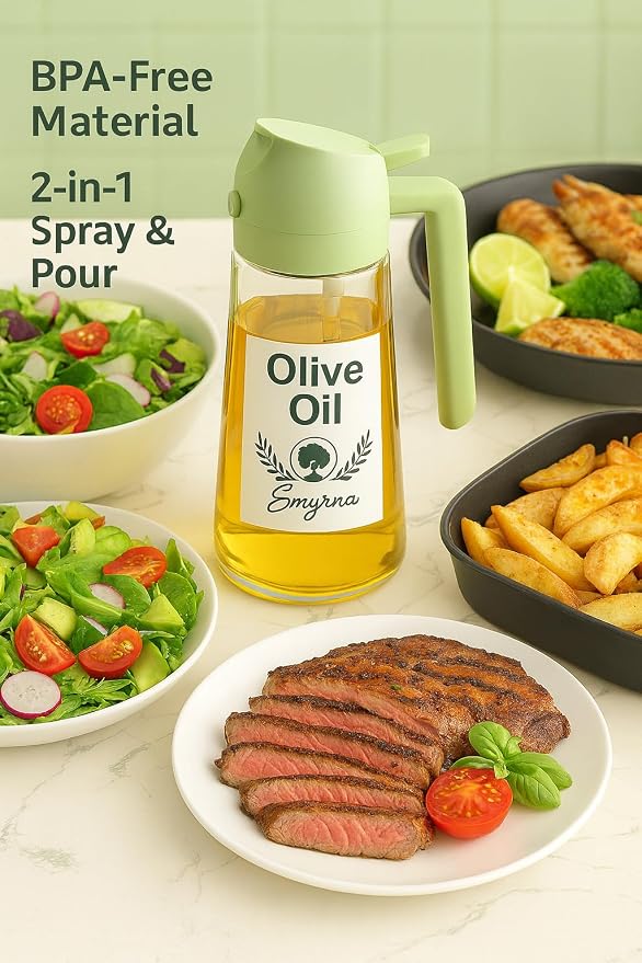 Glass Olive Oil Sprayer 16oz/470ml – 2-in-1 Oil Dispenser & Spray Bottle for Cooking, Portion Control, Salad, Air Fryer, BBQ – Leak-Proof, Fine Mist Bottle with 6 Decorative Labels (Green)