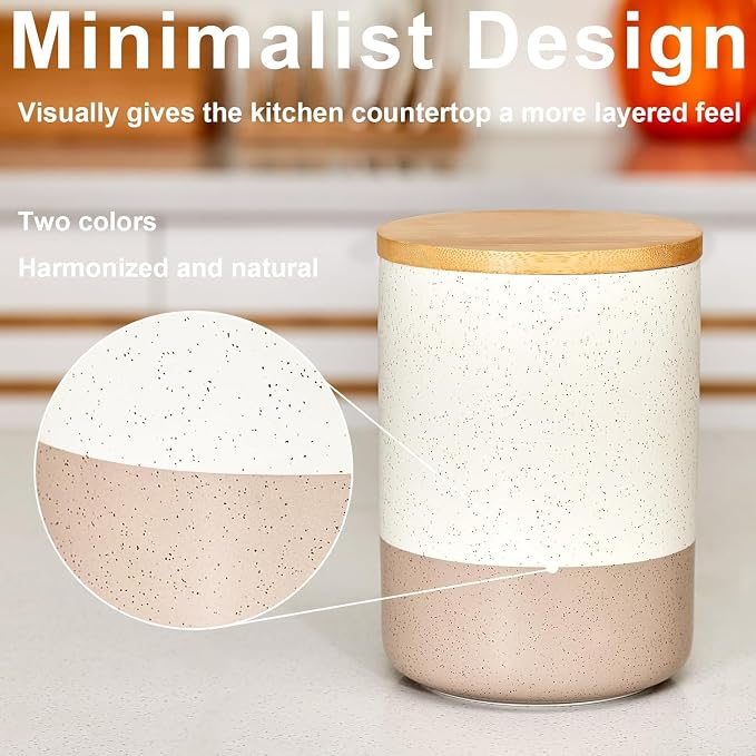 Kitchen Canister for Counter, Ceramic Food Storage Containers with Lids | 80 OZ Ceramic Food Storage Jars with Airtight Wood Lidsc,Countertop & Pantry Organization for Flour, Sugar, Coffee, Tea