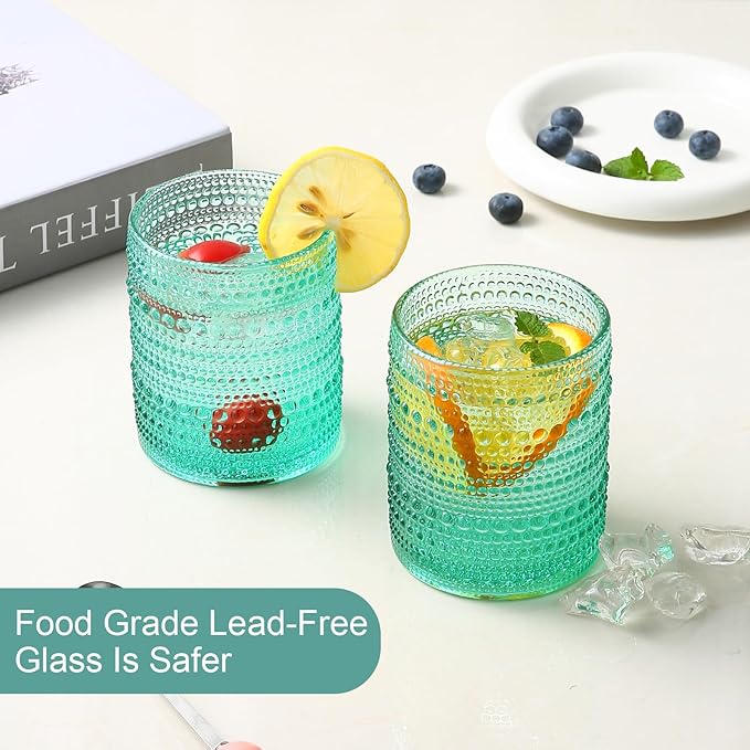 ZMOWIPDL Drinking Glasses Set of 6,12oz Lake Blue Hobnail Glass Cups | Vintage Glassware，Embossed Water Tumbler,for Beer,Cocktail,Whiskey,Juice and Various Mixed Drinks- 1 Cleaning Brush